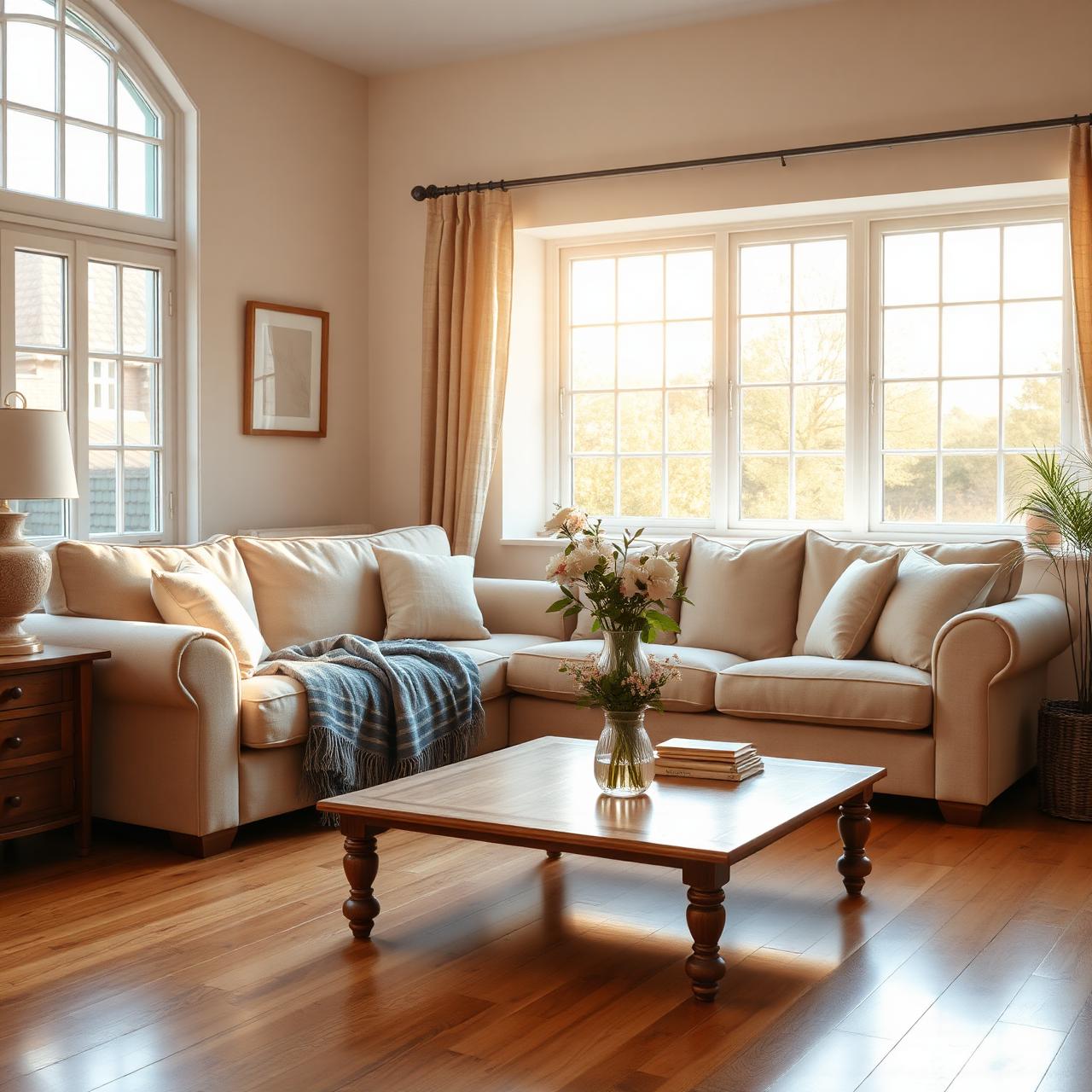 Bright, sunlit living room beautifully cleaned